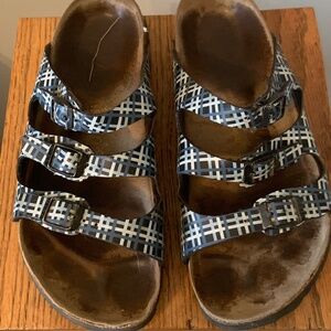 Papillio by Birkenstock Sandals, Pre-Owned, Size 37, Blue Plaid, 3-Straps